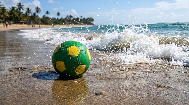 Soccer Ball on Wet Sand with Ocean Wave Splash Tropical Beach