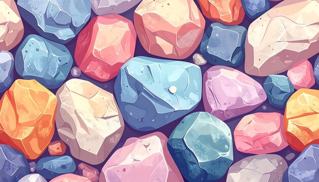 A vibrant, colorful illustration showcasing a close-up pattern of irregularly shaped, pastel-colored stones or gems