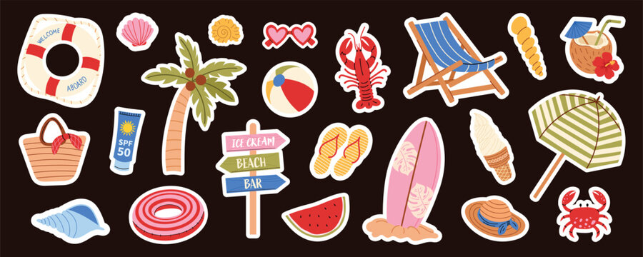 Cute summer beach sticker set with tropical vacation elements. Summer season party stickers collection isolated on black background. Vector illustration.