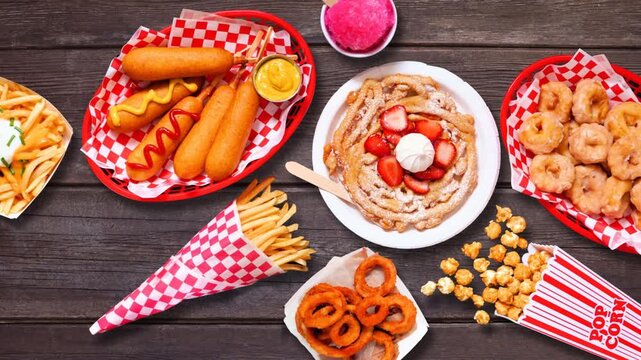 Carnival theme food table scene over a dark wood background. Loopable table placement stop motion video. Summer fair concept. Corn dogs, funnel cake, cotton candy and snacks.