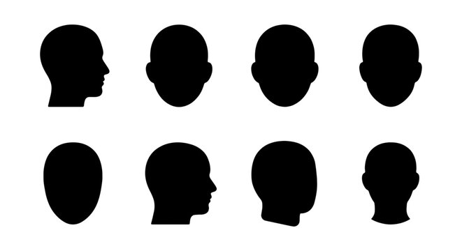 Human head silhouette set, male profile and face icons, 8 black vector head shapes
