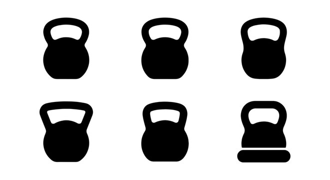 Kettlebell icon set, black fitness weights vector, gym equipment silhouettes for workout