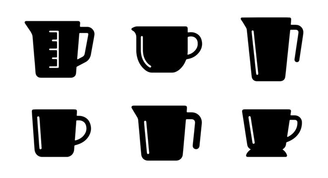 Measuring cup icons set, black kitchen pitcher silhouettes, 6 cooking vector elements