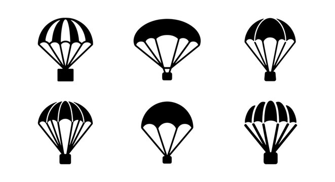 Parachute icon set, black silhouette skydiving symbols, 6 delivery air drop vector icons