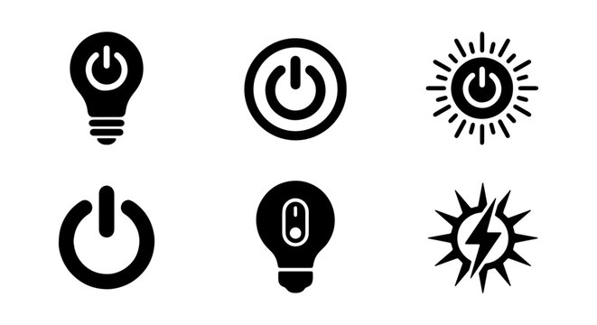 Energy power button icons, 6 black light bulb and sun symbols, electric switch vector set