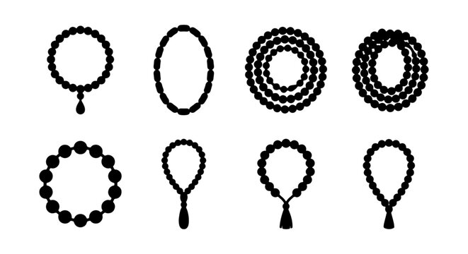 Black prayer beads icon set, 8 religious rosary vector silhouettes, spiritual jewelry