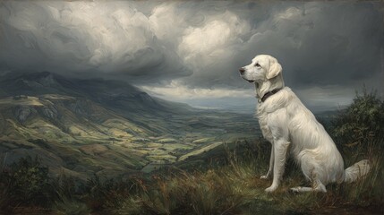 Fototapeta premium Majestic white canine observes a dramatic, sweeping valley landscape under brooding skies