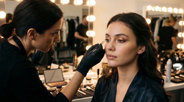 Makeup Artist Applying Makeup, Beauty Backstage Scene