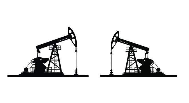 A silhouette depiction of two oil pumps commonly known as nodding donkeys against a white background