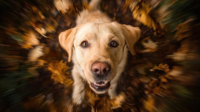 Golden canine companion looks directly upward amidst motion blurred autumn foliage