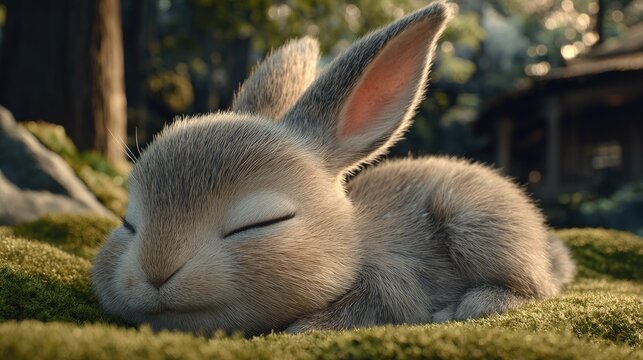 Adorable young lagomorph rests peacefully upon green moss in a sunlit woodland setting