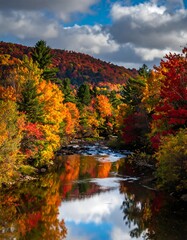 Obraz premium A vibrant autumnal scene shows a river winding through trees ablaze with color, set against a backdrop of a mountain under a cloudy sky