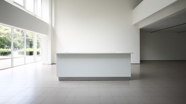 gateway. A minimalist reception area with white walls, clean lines, and a spacious feel. real-estate listings.

