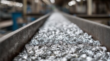 Fototapeta premium Aluminum pressed cans on the line. Close-up view of aluminum caps moving along the conveyor in the production process.