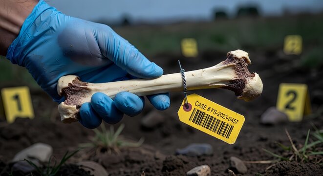 Hand holding a human femur bone with a yellow forensics evidence tag attached by wire, displaying a case number and barcode, representing crime scene investigation and skeletal analysis