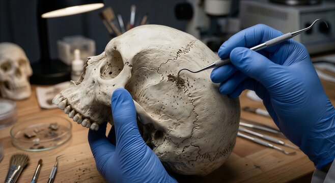 Hand holding a human skull model while using a dental pick or probe to gently clean debris from a tooth or suture line, representing osteology and specimen preservation
