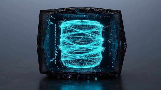Cubical structure with glowing blue network ideal for cinematic storytelling and documentaries