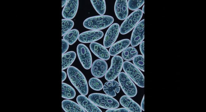 Microscopic View of Blue Paramecium Protozoa Cells Under Microscope, Science Background