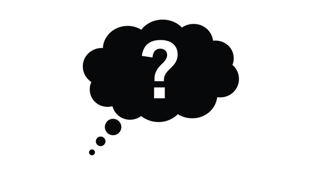 A black thought bubble contains a white question mark representing uncertainty and pondering high quality professional
