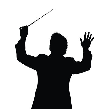 A silhouette of a conductor raising their arms and holding a baton.