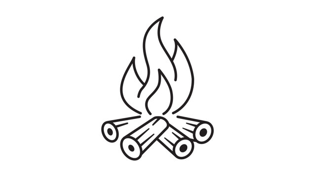 Minimalist Campfire Vector Icon with Wood Logs and Flames on White Background; Clean Hand-Drawn Style Illustration with Editable Stroke for Camping, Outdoor Adventure, and Nature Graphic Designs.