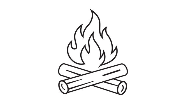 Campfire Vector Icon Illustration with Editable Stroke. Minimalist black line art of burning wood logs and flames on white background. Scalable outline graphic for camping and outdoor adventure.