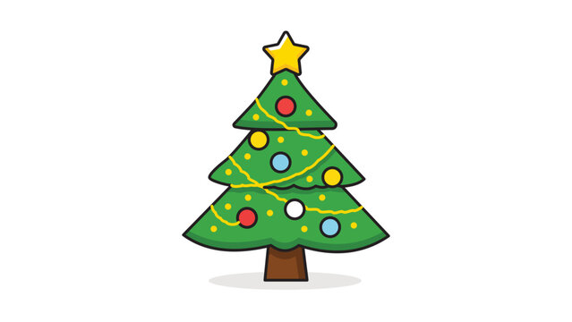 Christmas Tree Editable Stroke Vector Icon. A modern flat illustration of a decorated evergreen tree with a golden star, colorful ornaments, and yellow garland on a white background.