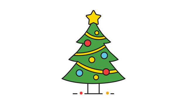 Christmas Tree Vector Illustration with Editable Stroke. A modern flat icon on a white background representing a decorated evergreen tree with a star, ornaments, and garland for festive holiday