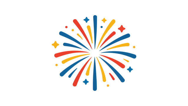 Vibrant modern flat vector illustration of a colorful firework burst on a white background. This festive explosion icon with red, blue, and yellow rays is ideal for celebration and party designs.