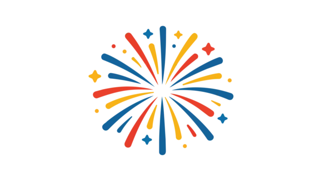 Vibrant modern flat vector illustration of a colorful firework burst on a white background. This festive explosion icon with red, blue, and yellow rays is ideal for celebration and party designs.