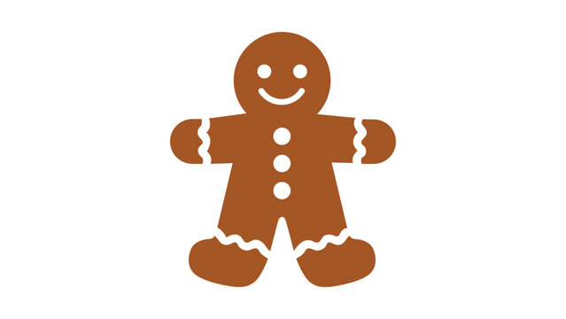 Gingerbread Man Vector Icon: A modern flat illustration of a classic holiday cookie on a white background, featuring white icing details like a smiling face, buttons, and decorative wavy lines.