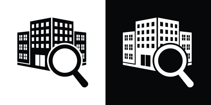Search for property or real estate inspection icon. Magnifying glass over a building symbol for house hunting, apartment search, or building analysis. Black and white vector illustration.