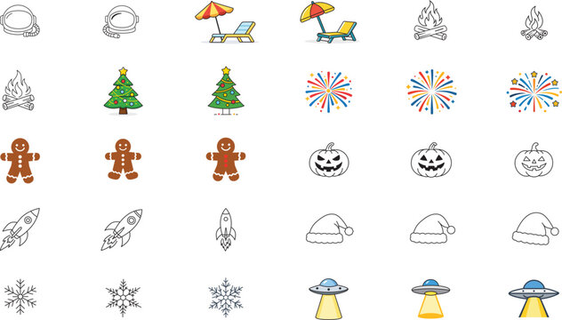 30 Minimalist Vector Icon Set with Editable Stroke: Space, Christmas, Halloween, Summer, and Camping. Hand-drawn line art collection featuring astronaut, rocket, campfire, snowflake, and UFO icons.