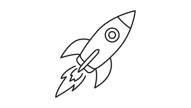 Retro Rocket Ship Launching Minimalist Black Line Vector Icon on White Background. This Hand-Traced Scalable Illustration Features an Editable Stroke for Customizing Line Weight, Ideal for Startups.