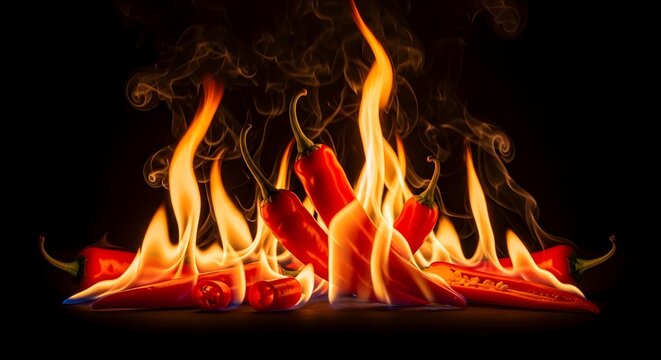 Red hot chili peppers burning in bright fire flames on black background