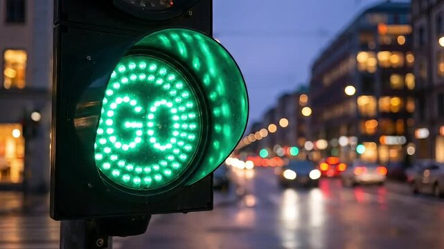 Green traffic light with go signal on a city street at dusk with cars and buildings in the background 4k video