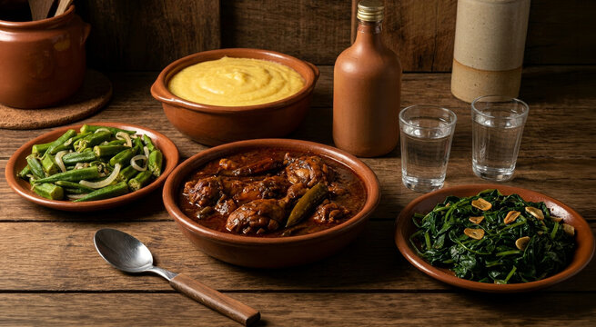 Frango ao molho pardo tradicional servido com polenta mole, quiabo refogado, taioba e cacha&ccedil;a em mesa r&uacute;stica de madeira