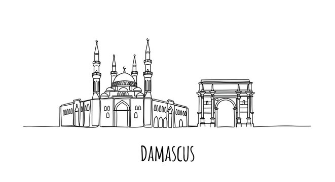 Damascus Skyline Continuous Line Drawing of Umayyad Mosque and Arch