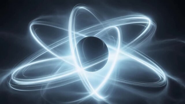 Abstract atomic structure with orbiting electrons emphasizing teamwork and professional collaboration