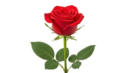 Naklejka premium Single Red Rose with Green Leaves On White Background
