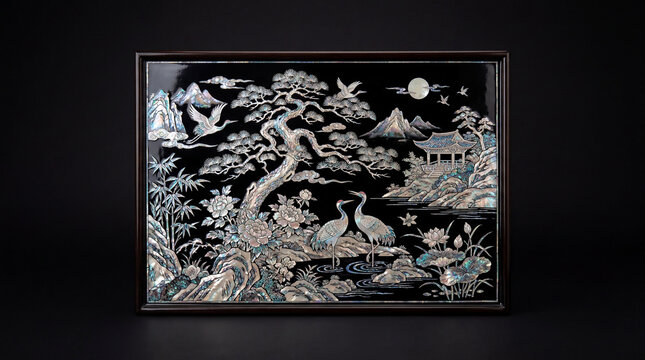 Traditional Korean Mother of Pearl Inlay Art Najeonchilgi with Crane and Pine Tree
