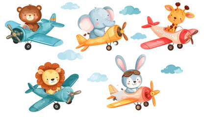Obraz premium Cute Cartoon Animals Flying Airplanes Watercolor Illustration Set.