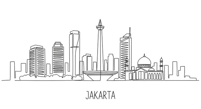 Jakarta Indonesia City Skyline Continuous One Line Drawing Art