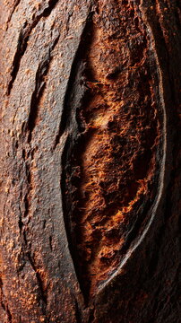 Close-up of rustic artisan bread loaf with cracked dark crust revealing soft golden interior. Freshly baked sourdough emphasizing baking texture