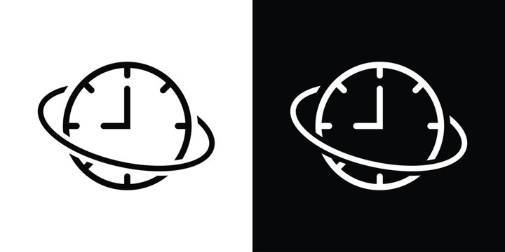 Minimalist line icon of a clock with an orbital ring. Represents global time zones, 24/7 service, world time, deadline management, and international scheduling in a modern style.