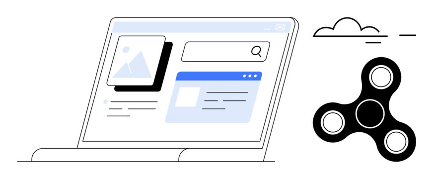 Web design, technology, relaxation, user interface, multitasking, digital trends. A laptop screen web interface elements next to a fidget spinner icon. Web design and technology concept