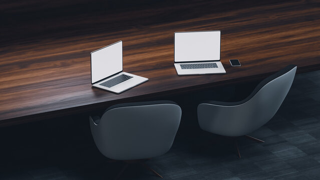 Desk with laptop and chair in modern interior workspace setup