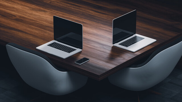 Modern desk setup with laptops and chairs for work at home