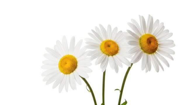 Three White Daisy Flowers with Yellow Centers on White Background, Close-up Studio Shot