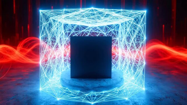Abstract glowing cube with central black square for high-end commercial advertising